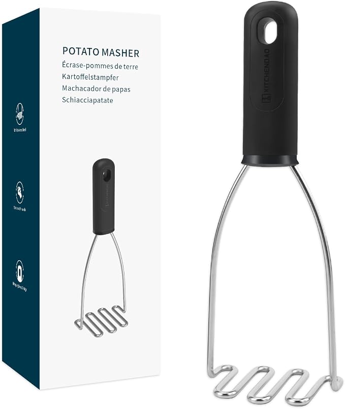KITCHENDAO 304 Stainless Steel Potato Masher, Heavy Duty Kitchen Tool with Soft-Touch Comfort Grip Handle, Dishwasher Safe & Easy-Store Hanging Loop