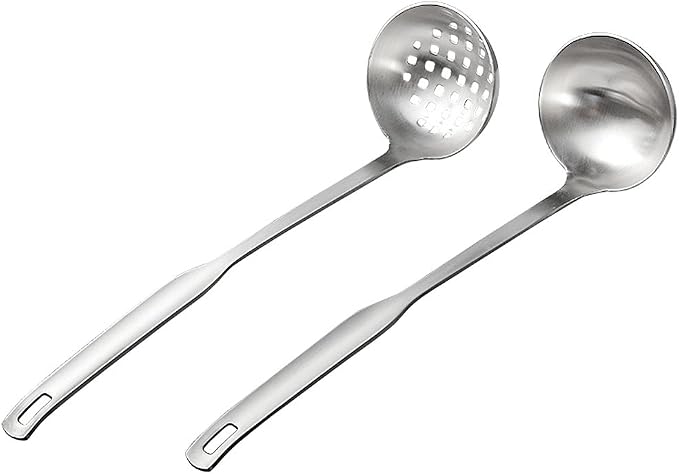 2 Pcs Soup Ladle Colander, Metallic Frosting Flatware Cookware Serving Long Handle Steel Slotted Spoon Cooking Utensil Set for Hotpot