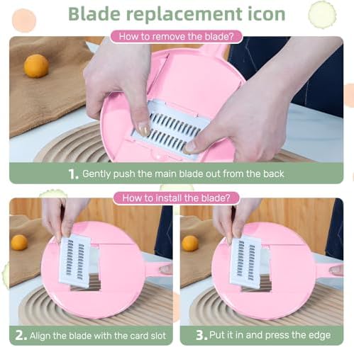 Generic 7-in-1 Multipurpose Pink Mandoline Slicer; Food Chopper; Vegetable Cutter (Pink, 11 x 6.7 x 3.34 inches, Polypropylene, Stainless Steel Blade)