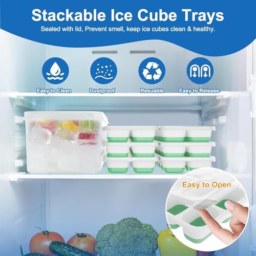 Ice Cube Tray, Ice Cube Trays for Freezer 5 Pack with Lid and Bin, Ice Tray Easy-Release, Ice Trays for Freezer Stackable, Silicone Ice Cube Tray for Drinks, Coffee - BPA-Free and Odor-Free