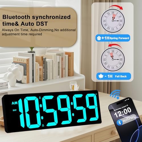 TXL 17.2" Bluetooth Digital Wall Clock with Seconds, Large Countdown Timer for Classroom Home Gym Kitchen Office, Alarm Clock with Remote Control, 4 Dimmable Brightness, Auto DST (Ice Blue)