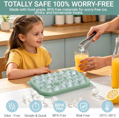 Ice Cube Tray with Lid and Bin, 96 Pcs Mini Round Ice Ball Molds for Freezer with Scoop, 0.8 Inch Sphere Maker, Easy Release Silicone Base, for Coffee, Cocktails (3 Pack, Fresh Green)