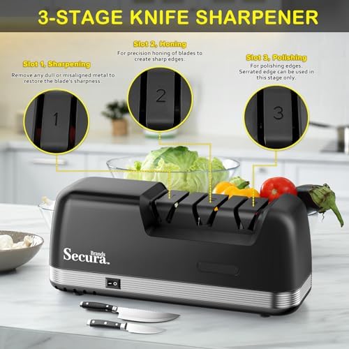 Secura 3-Stage Electric Knife Sharpener with Diamond Abrasives and Precision Angle Guides, Professional Sharpening Tool for Kitchen Straight Edge and Ceramic Knife, Black