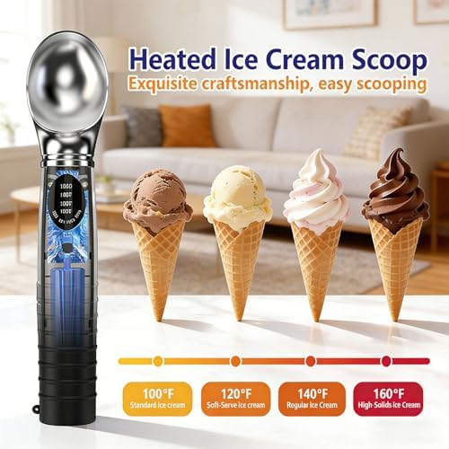 Electric Heated Ice Cream Scoop with Stainless Steel Head, 4 Temperature Settings Led Display, 90 Mins Runtime Type-c Charging for Home Kitchen, Ice Cream Shop, Dessert Making