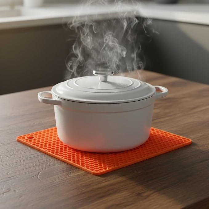 6-Pack Silicone Trivet Mats, Heat Resistant Hot Pads, Dishwasher Safe Kitchen Mats, BPA-Free Pot Holders for Table, Countertop, Stove, Honeycomb Design (Orange, 7" Square)