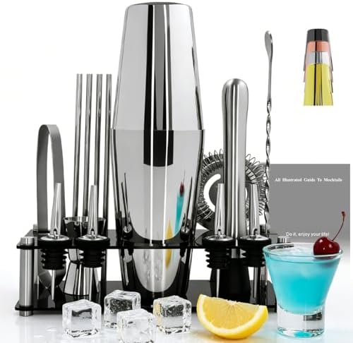 Professional Cocktail Shaker Set with Stand Cocktail Recipes, 15-Piece 750/600ml Bartender Kit, Bar Sets Bartending Kit Bar Tool Set 25/20oz Boston Shakers, Jigger, Muddler (Silver)