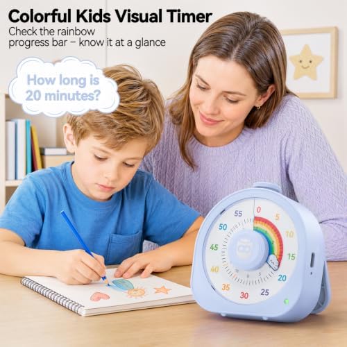 Kids Timer with Rainbow Visual Disk, Rechargeable Timer for Classroom Office Kitchen with Magnetic Sticker, 60 Min/12Hr Silent Countdown Timers Management Tool for ADHD & Autism