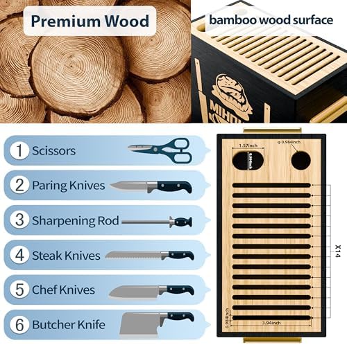 Wood Universal Knife Block with Slots, Wood Knife Holder/Knife Organizer, Unique Knife Storage for Counter Top with Anti-Slip Base (Black D)