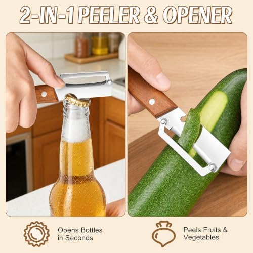 Upgrade Vegetable Peeler and Julienne Peeler Set, 2-Pcs Multifunctional Stainless Steel Veggie Peelers for Kitchen with Wood Handles & Built-in Bottle Opener, Sharp Potato, Carrot & Scallion Shredder