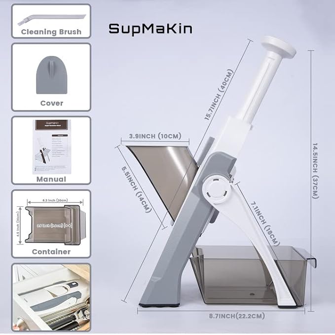 SupMaKin Safe Mandoline Slicer, Potato Slicer Maual Vegetable Chopper Adjustable Thickness Food Cutter, Kitchen Chopping Artifact for Cooking Meal Prep (Gray)
