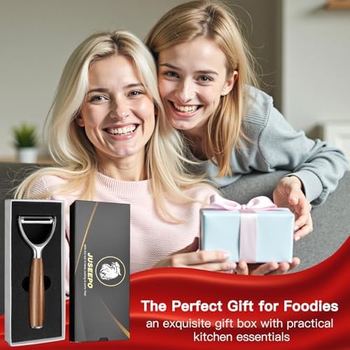 JUSEEPO Premium Vegetable Peeler, Y Type Swivel 304 Stainless Steel Blade Comfortable Solid Wood Handle, Practical gift for the home kitchen mom grandma for Veggie, Fruit, Potato(Merbau)