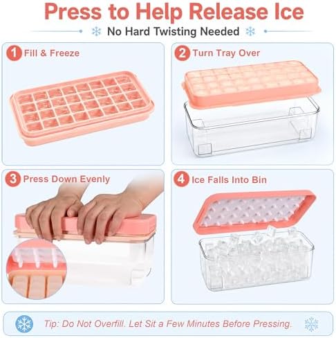 Ice Cube Tray with Lid and Scoop - Stackable Press Ice Mold Set - Silicone Ice Cube Tray with Ice Bucket & Tongs for Home, Dorm, Camping, BPA-Free Easy Release Ice Cubes - Compact Freezer Organizer