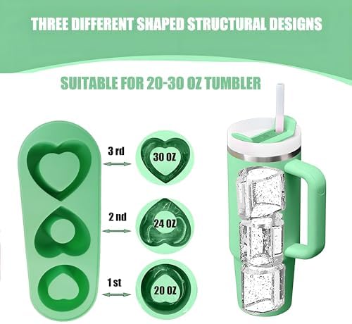 Ice Cube Trays for Stanley Cup 20 30 40 OZ Tumbler Ice Mold Heart Shape Silicone Ice Cube Tray with Lid, Stanley Ice Mold and Maker Ice Cube for Cocktails, Whisky, Juice (20-30 OZ, Green)
