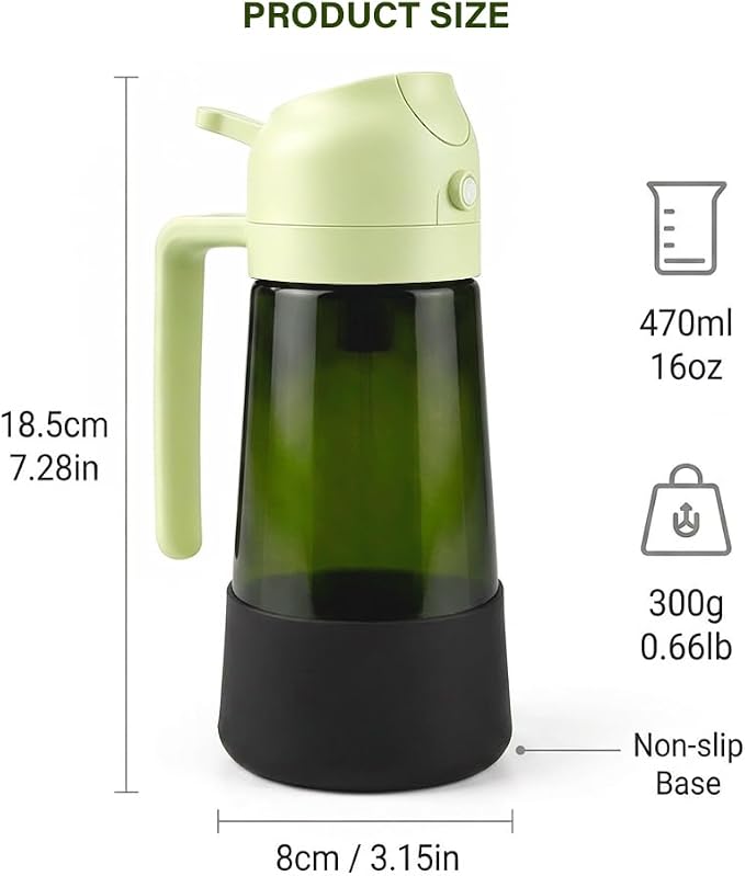 2-in-1 Oil Sprayer Dispenser, 16oz UV-Blocking Glass, Non-Slip | Extra Stability, Easy Refill, Refined Aesthetic