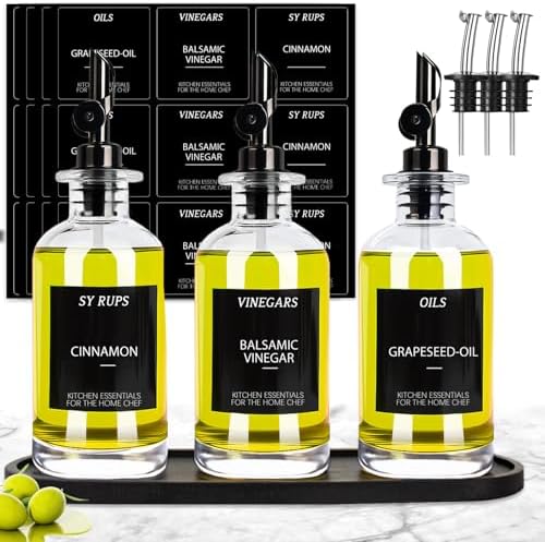 3PCS Olive Oil Dispenser Bottle For Kitchen, Soy Sauce Dispenser, Glass Oil and Vinegar Dispenser Set W. Wooden Tray & Labels & 3 Replacement Spouts, Coffee Syrup Dispenser(Clear)