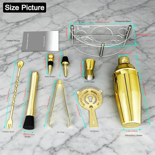 9-Piece Cocktail Shaker with Stand, 25oz Bartender Kit, Cocktail Shaker with Strainer Set, Bar Set Jigger for Bartending Drink Mixer Set, Cocktail Set Recipe (Gold)