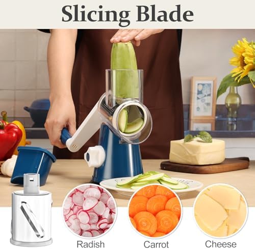 Cambom Rotary Cheese Grater Hand Crank Cheese Shredder for Fresh Cheese, Vegetable, Nuts,Non-slip Suction Base, Five Blades, Dark Blue