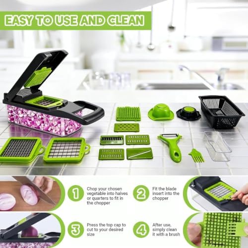 15 in 1 Vegetable Chopper- Food Chopper Onions Vegetable Slicer Dicer, Veggie, Cheese Grate Cutter with 7 Blades for Carrot Salad Garlic Potato slicer with Large Container Mandoline Kitchen Gadgets