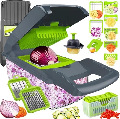 Pro-Series 16-in-1 Vegetable Chopper, Veggie Chopper, Food Chopper with Container, Vegetable Cutter Chopper & Spiralizer for Onion Salad (Grey, 15-piece set)
