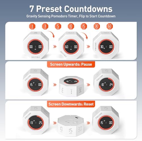 Secura Pomodoro Timer with 1/3/5/10/15/30/60 Min Presets, 3 Level Volume