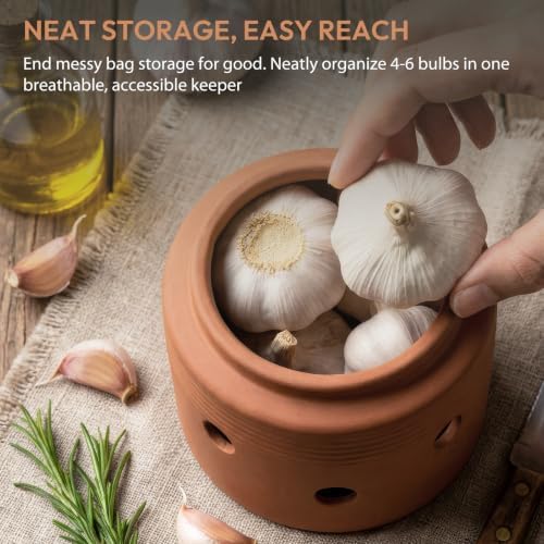 Garlic Keeper for Counter, Garlic Storage Container with Lid, Terracotta Garlic Holder to Keep Garlic Fresher Longer, 4.3 inches
