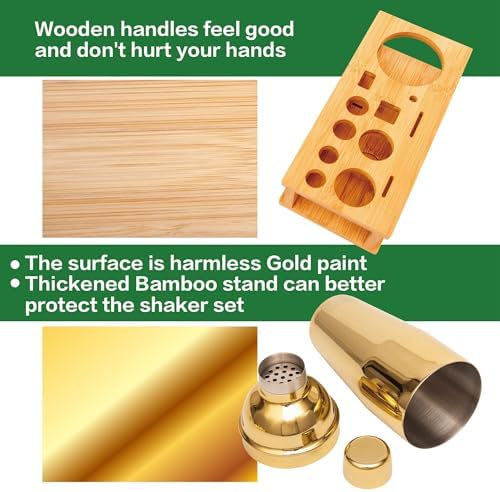 Cocktail Shaker Set Bartender Kit with Bamboo Stand,13 Piece Bar Set Stainless Steel Bar Accessories for Drink Mixing, Bar, Home, Party (Gold)