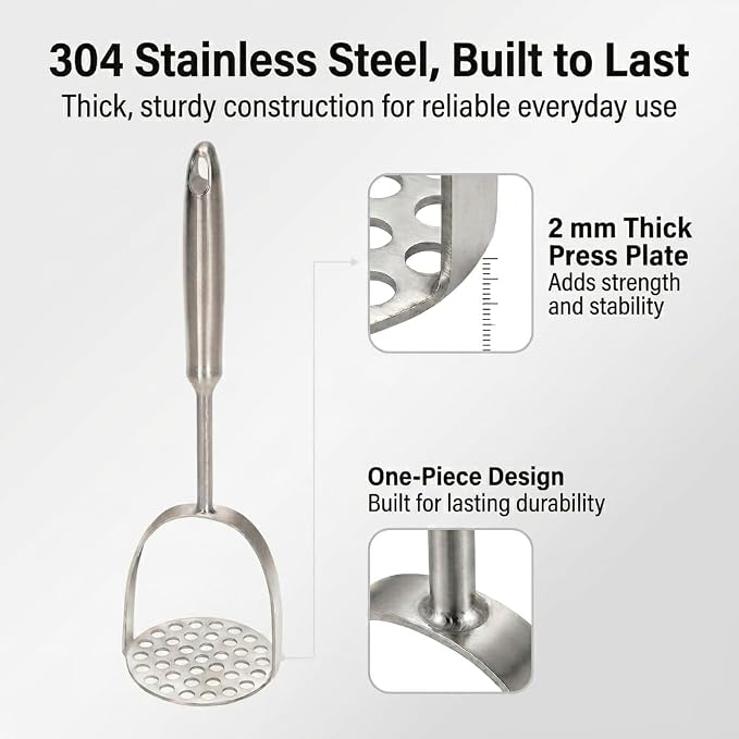 Potato Masher, Heavy Duty 304 Stainless Steel Potato Masher, One-Piece 37-Hole Plate for Smooth Mashing, Dishwasher Safe, Silicone Spatula Included