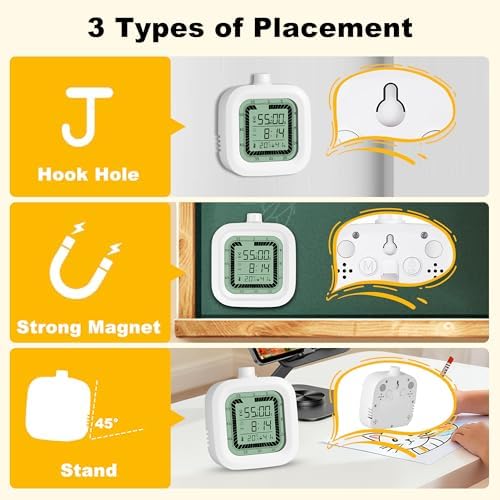 4 in 1 Visual Digital Timer Without Backlight, Easy Set Alarm Clock Humidity Temperature Monitor, Magnetic Wall Mount Kitchen Study Timer for Classroom Office Bedroom White
