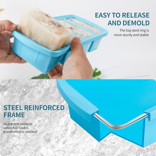 Silicone Freezer Tray with Lid 2 Pack Silicone Freezer Molds - Large Ice Cube Tray - Makes 8 Perfect 1 Cup Portions Soup Cubes Meal Prep Containers- Oven & Dishwasher Safe