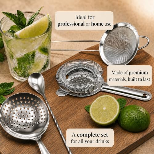 Cocktail Strainer Set Stainless Steel Bar Tools with Stirring Spoon - Hawthorne, Julep, & Fine-Mesh Sifter for Drinks