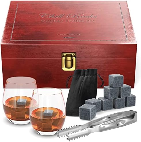 Premium Chill Rocks Whiskey Gift Set - Whisky Scotch Chilling Stones - 2 Glasses + 8 Beverage Cooling Soapstones + Stainless Steel Tongs + Velvet Storage Pouch – Luxury Wooden Gift Box - Men’s Gift