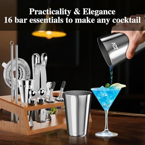 IOV Mixology Bartender Kit Bar Set with Stand | 17-Piece Cocktail Shaker Set | 28oz Boston Shaker Drink Mixer Set with All Essential Accessory Tools | Fun Housewarming Gift