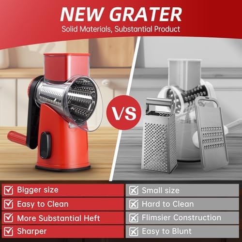 Rotary Hand Crank Cheese Grater,Cheese Shredder Vegetable Slicer(Red)