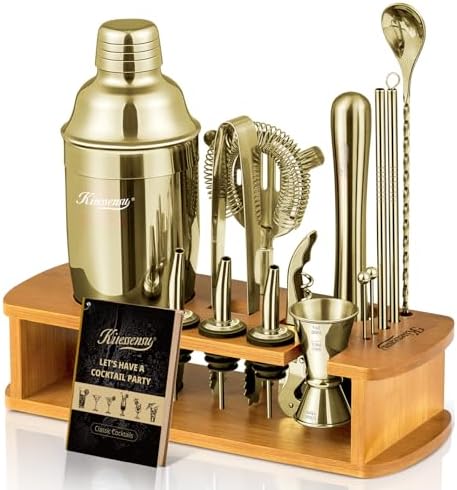 KITESSENSU Cocktail Shaker Set Bartender Kit with Stand | Bar Set Drink Mixer Set with All Essential Accessory Tools: Martini Shaker, Jigger, Strainer, Mixer Spoon, Muddler |Champagne Gold