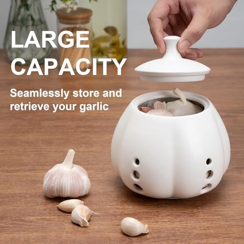 Ceramic Garlic Keeper for Counter, Large Garlic Storage with Lid Garlic Saver for Kitchen to Keep Your Cloves Fresh Longer, White