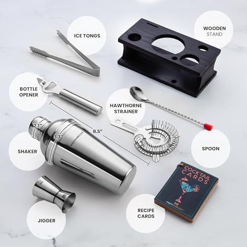 Modern Mixology Cocktail Shaker Set - Bartender Kit with Pine Stand | Leak-Proof Design | Includes Martini Shaker, Jigger, Strainer, Spoon, Tongs | Perfect Bar Tools Gift for Home Mixology (Silver)