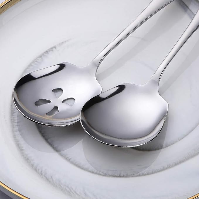 Meisha Serving Spoons Set, 3 Serving Spoons and 3 Slotted Serving Spoons, Silver Stainless Steel Serving Utensils for Buffet Can Banquet Cooking Kitchen - Mirror Polished