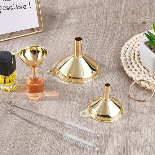 GORGECRAFT 3Pcs Small Metal Funnel Set 2.5x3in 1.9x2.2in 1.5x1.8in Golden Metal Stainless Steel Kitchen Cooking Food Grade Funnels with Cleaning Brushes for Essential Oil Spices Liquid Filling Bottles