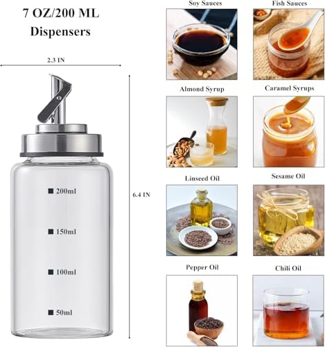 Verdental 7 oz Small Glass Oil Dispenser Bottle for Kitchen Stainless Steel Cruet Pourer Spout for Olive Oil Vinegar Coffee Syrup Soy Sauce Other Liquids with Non-slip Silicone Ring and Labels (200ml)