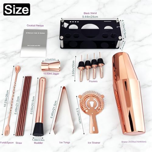 Professional Cocktail Shaker Set with Stand Cocktail Recipes, 15-Piece 750/600ml Bartender Kit, Bar Sets Bartending Kit Bar Tool Set 25/20oz Boston Shakers, Jigger, Muddler (Rose Gold)
