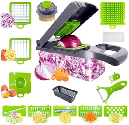 Multi Functional Vegetable Chopper, nicer dicer, 16 in 1 professional vegetable and food slicer, and Vegetable Cutter, for Potatoes, Onions, Vegetable Chopper with Container and Basket