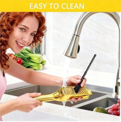 Garlic Press and Slicer 2 in 1, Rust Proof & Dishwasher Safe Professional Garlic Mincer Tool, Effortlessly Crush and Mince Garlic with this Ergonomic Handle-Garlic Slicer & Brush ANCQMI(Gold)