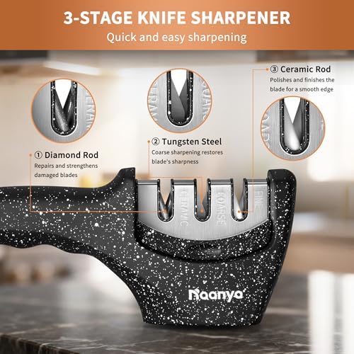 3-Stage Knife Sharpener with Cut-Resistant Glove - Restores, Refines, and Polishes Knife Edges; Ergonomic, Ambidextrous Handle with Non-Slip Base (Granite Black)