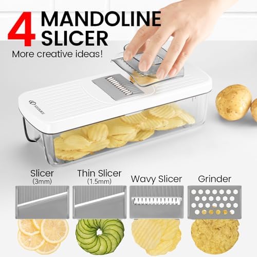 KEOUKE 8-in-1 Vertical Vegetable Chopper Mandoline Slicer with Container White - Safe Tap Out Dicer with Hand Guard for Kitchen Easy Food Prep, Onion Potato Veggie Fruit