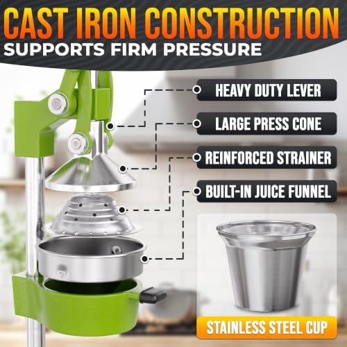 Cast Iron Juicer Hand Press, Heavy-Duty Squeezer (Green)