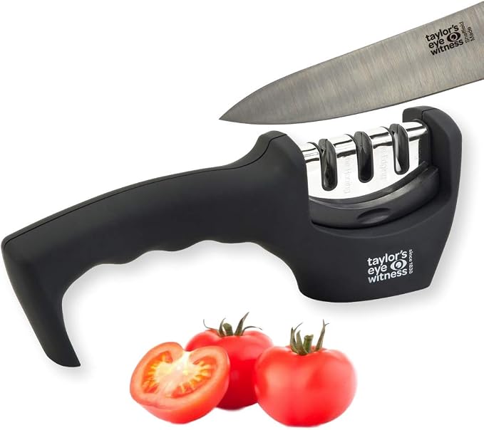 Taylors Eye Witness Professional Chef’s Kitchen Knife Sharpener - Three Stage Handheld Knife Sharpening Tool. Re-edging, Honing And Fine Honing For Many Blade Types. Non Slip Base.