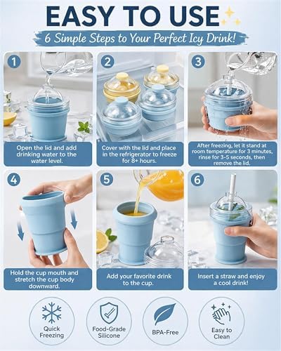 Collapsible Ice Ball Maker Cup, 2-in-1 Silicone Folding Ice Cube Cup Tray Portable Leakproof Travel Tumbler with Lid & Straw, Reusable Sphere Mold for Whiskey, Bourbon, Coffee, Summer Drinks