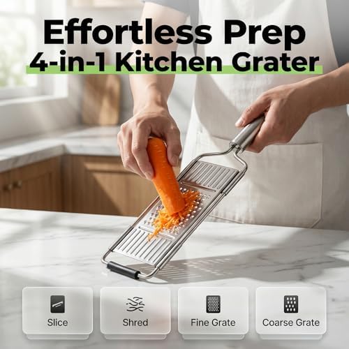 4-in-1 Vegetable Slicer, Handheld Mandoline Cutter with Stainless Steel Guard, Adjustable Thickness Onion Slicer, Sharp Veggie Shredder for Kitchen Fruit Cutting, Silver
