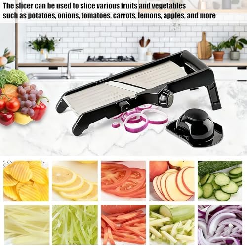 Mandoline Food Slicer for Kitchen, Adjustable Stainless Steel Mandoline Vegetable Slicer, Onion/Potato Slicer/French Fry Cutter, 6-Piece Fruit & Vegetable Cutting Set (Black/Silver)