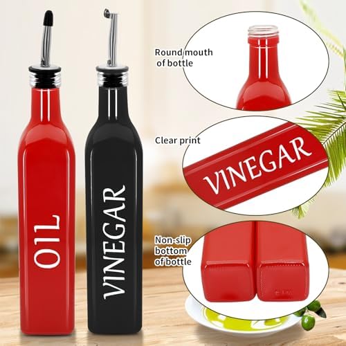 Olive Oil Dispenser Bottle,2 Pcs 17oz 500ml Glass O il and Vinegar Dispenser Set with 2 Stainless Steel Pourers, 8 Labels,Funnel Vinegar Bottles for Kitchen (Red Oil & Black Vinegar)